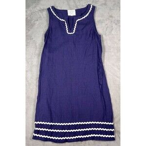 Pomegranate Inc Linen Dress White Blue XS Embroidery Rick Rack Trim Coastal